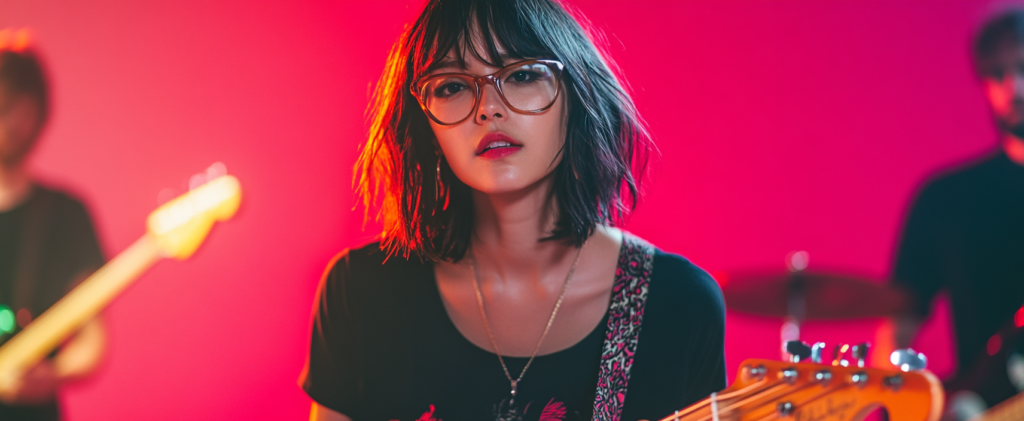 A young female musician with glasses playing guitar on stage with a vibrant pink background, representing live music and audience engagement.